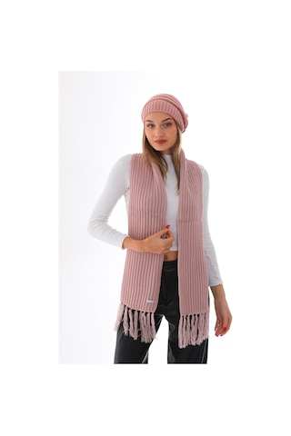 Kadın Ipli Bere Pudra Selanik Örgü Atkı Takım Pudra