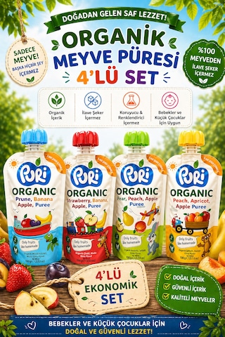 Organic %100 Organik Meyve Püresi 100 G x 4 Karışık Aroma İlave Şekersiz 4'lü Set
