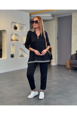 Defymoda Kadın Uzun Kollu Ribana Ve Fermuar Detay Bluz Ve Yüksel Bel Pantolon 2li Takım Siyah