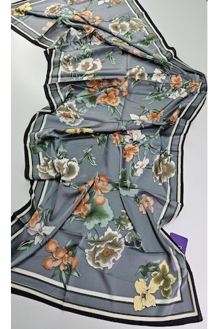Miorel Scarfs Yeni Sezon Çiçek Desen Vual İpek Şal Fular Silk Scarfs Shawl Hijab Gri