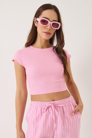 Shade Kadın Bisiklet Yaka Kısa Kollu Basic Kaşkorse Crop Top T-shirt 60602044 - Pembe