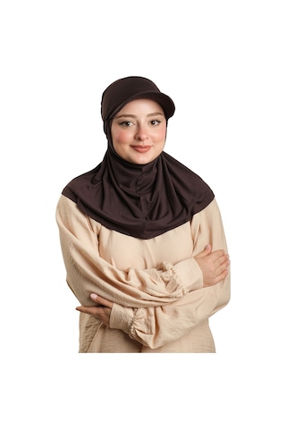Hürrem Bone Kahve Pratik Hazır Geçmeli Şapkalı Tesettür Eşarp Viskon Düz 2513 14 Kahve