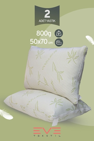 Eve Tekstil 2 Adet Bamboo Serisi Kılıflı Fermuarlı Yıkanabilir Antialerjik Silikon Elyaf Yastık 50x70cm 800 Gr Yeşil