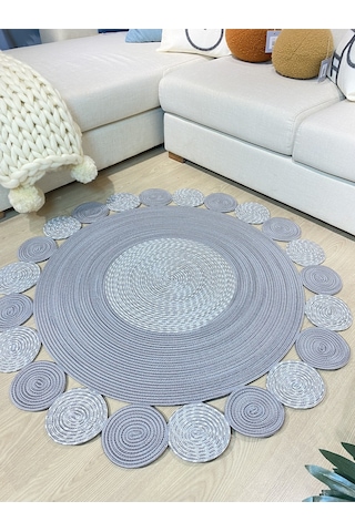 Mavaux Gri Jüt Hasırlı Kırçıllı El Örgüsü Kilim Halı Hasır Yuvarlak Gri