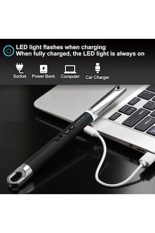 Elmpaly Usb Şarjlı Rüzgara Dayanıklı Elektrikli Çakmak - Led Aydınlatmalı, Pil Göstergeli, Kamp & Barbekü İçin Siyah Siyah