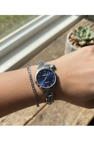 Kadın Çelik Kol Saati Bileklik Hediyeli Gümüş Renk Pembe Kadran Zarif Tasarım Quartz Kadın Saati Mavi-25 Cm