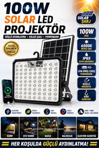 100w Solar Led Projektör Usb Powerbank Özellikli Şarjlı Kamp Lambası Ip65 Su Geçirmez Bahçe Ve Acil
