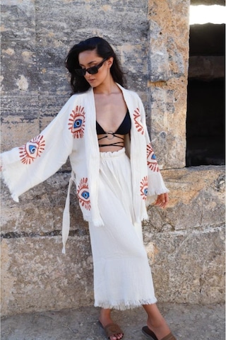 Elif Towels Ekru Renk Taş Baskı Pantolon Ve Kimono Kaftan Seti Ekru