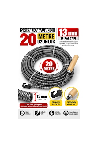13 Mm 20 Metre Spiral Kanal Açıcı Ahşap Saplı Manuel Gider Açma Teli, Esnek Tesisat Temizleme Su