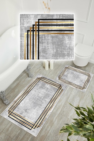 Dijital Baskı Çerçeveli Kaymaz Taban 2li Set Banyo Paspası Klozet Takımı 50x60cm-60x100cm Gri