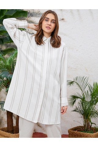 Koton Çizgili Tunik Gömlek Yaka Oversize Bej Çizgili 1yak68015cw Ekru Çizgili