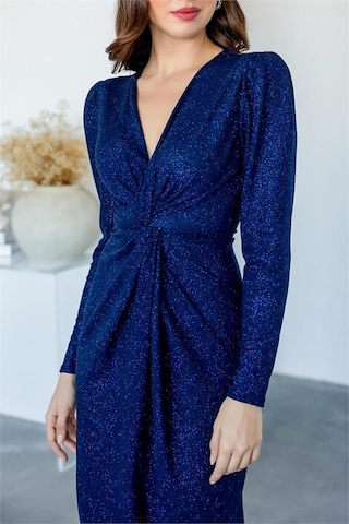 Kadın Büzgü Detaylı Simli Gece Elbisesi Dpnbmy3633 Mavi