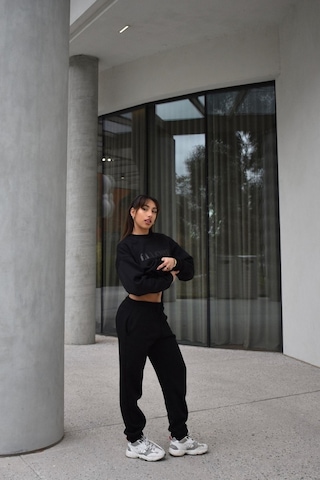 Ellore Australia Eşofman Takımı Sweatshirt Jogger - Siyah Baskılı Oversize Şardonlu Bisiklet Yaka Siyah