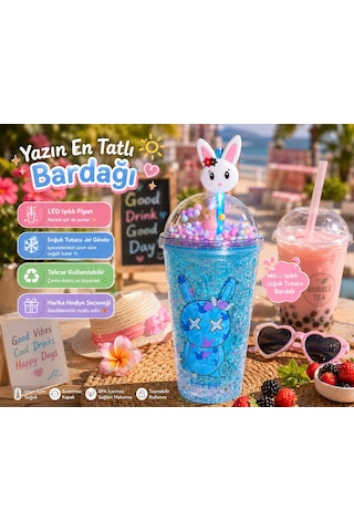 Led Işıklı Pipetli Kawaii Chibi Sevimli Tavşan Figürlü Çift Katmanlı İçecek Bardağı Suluk 450ml Mavi
