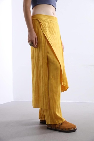Bohem Stil İtalyan Ham Keten Pantolon Etek-8747 Hardal