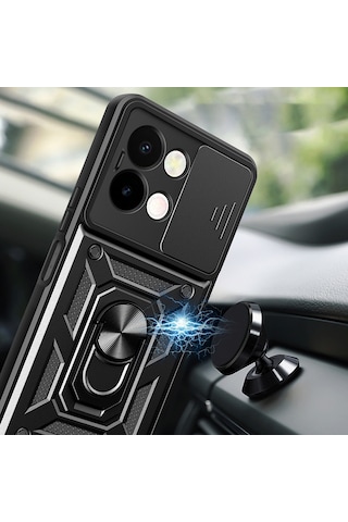 Vivo Y28 Kılıf Magnetik Standlı Kamera Korumalı Zore Sürgülü Vega Kapak Mavi