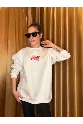 Ali Butik Beyaz Dog Nakış İşlemeli Şardonlu Sweatshirt Beyaz