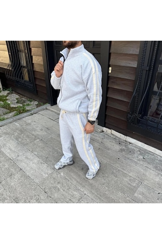 Erkek Çift Şeritli Eşofman Takım Dik Yaka Fermuarlı Sweatshirt Boru Paça Alt, Oversize 3 İplik Pamuk Gri