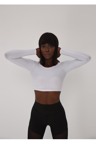 Lismina Uzun Kollu Crop Spor Tişört Beyaz