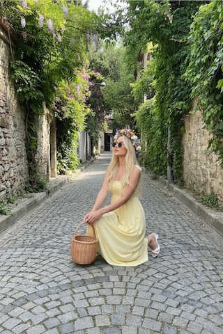Pastelastore Sarı Uzun Pamuklu Astarsız Yaz Elbisesi Askılı Sarı