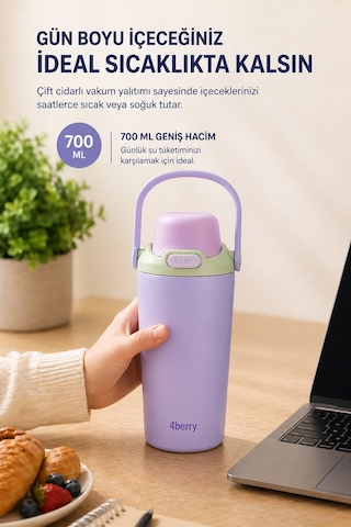 4berry 700 Ml Termos Matara Çift Cidarlı Vakum Yalıtımlı Sıcak Soğuk Tutan Sızdırmaz Kapaklı - Mor Lila