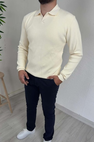 Explode - Erkek Ekru Polo Yaka Regular Triko Kazak Ekru