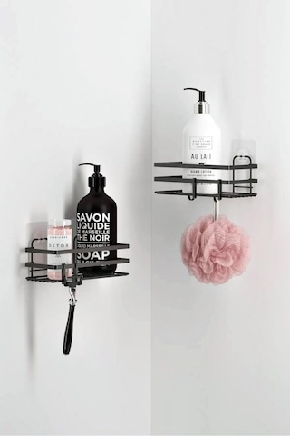 Banyo Düzenleyici Yapışkanlı Metal Banyo Rafı İkili Duş Rafı Organizer Şampuanlık Mat Siyah-gnrl281 Siyah