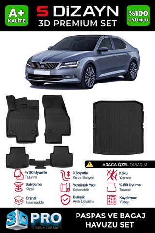 S-dizayn Skoda Superb 3d Pro Havuzlu Paspas Ve Bagaj Havuzu Seti 2'li Set 2015-2023 A+ Kalite