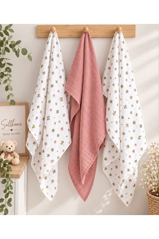Sallhome Baby 3'lü Müslin Bebek Örtüsü Seti Çiçek Desenli & Gül Kurusu %100 Pamuk
