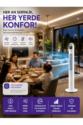 45w Kule Tipi Fan 45 İnç Uzaktan Kumandalı Dijital Ekranlı Zaman Ayarlı Sessiz Vantilatör