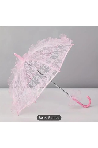 Atay Garage Şemsiye Gelin-düğün-özel Günler İcin Pembe Düz Renk Dantelli 60-58 Boyutlarinda Pembe