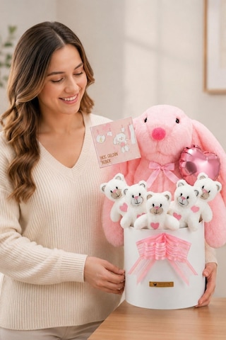 Yenidoğan Kız Bebek Hediyesi Baby Shower Tavşan Uyku Arkadaşı Ve Pembe Peluş Ayıcık Buketi