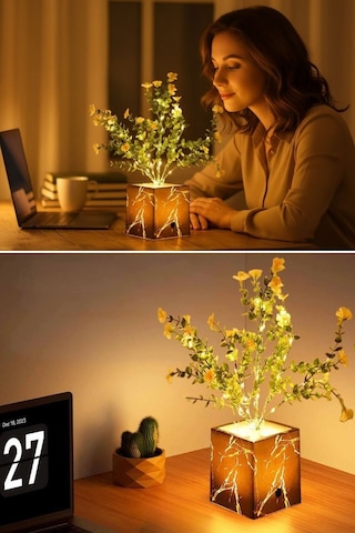 Işıklı Yapay Çiçek - Siyah Saksılı Led Dekoratif Bitki, Masaüstü Ve Ev Ofis Renkli
