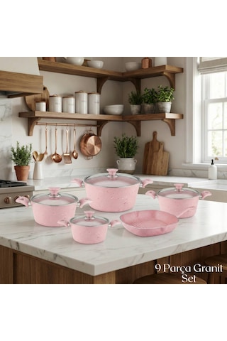 9 Parça Granit Set Cam Kapak - Pembe Pembe