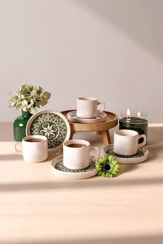 Keramika Timeless Green Stackable Çay Takımı 8 Parça 4 Kişilik 21975 Krem