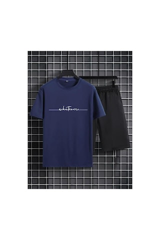Medinenur El Yazı Detaylı Baskılı T-shirt Short Bol Paça Rahat Kalıp Siyah Alt Siyah Üst Short Takım Lacivert