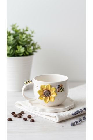 24k Altın El Yapımı Ayçiçeği Ve Vız Vız Arı Temalı Seramik Mug Altın - Sarı