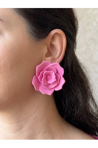 Kadın Küpe Büyük Pembe Gül Model - 6 Cm Minimalist Halka/çivili Gül Çiçek Küpe