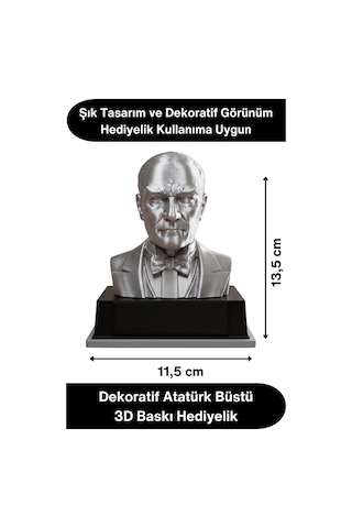 Atatürk Mustafa Kemal Atatürk Büstü 3d Baskı Dekorasyon Biblo Gümüş Gri Premium Tasarım Şık Obje Ev