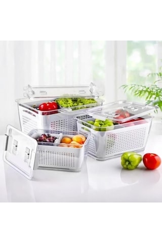 Vinoa 3'lü 2,5 Lt + 5 Lt + 9 Lt Süzgeçli Buzdolabı Düzenleyici Organizer + Saklama Kabı Beyaz