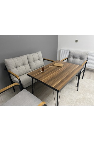 Modern Güneş Balkon, Bahçe, Cafe - Metal Kanepe Koltuk Takımı - 2+1+1 + Masa Açık Gri Modernsh28 Açık Gri