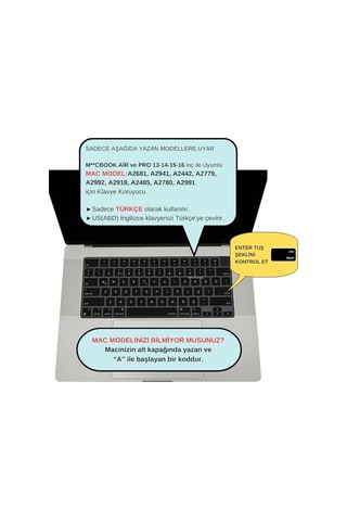 Macbook Türkçe Q Klavye Koruyucu Us Amerikan Return Enter Uyumlu M1-m5 A2681 A3113 A3240 A3449 A2941 A3241 A2442 A27