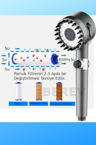 Masajlı 3 Fonksiyonlu Su Tasarruflu Filtreli Turbo Jet Duş Başlığı Siyah 5 Adet Filtre Siyah