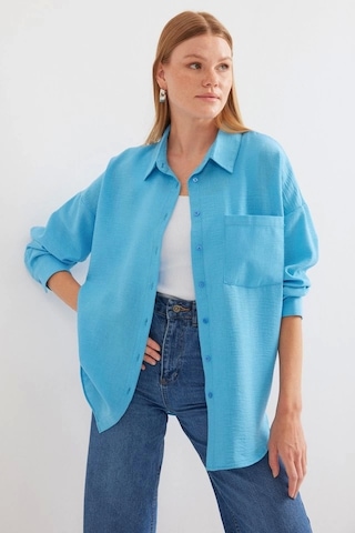 Defymoda 20153 Tek Cepli Oversize Keten Gömlek - Açık Mavi Açik Mavi