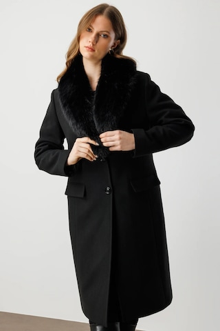 Ekol Kadın Büyük Beden Yakası Kürklü Kaşe Kaban 6313 Siyah Siyah