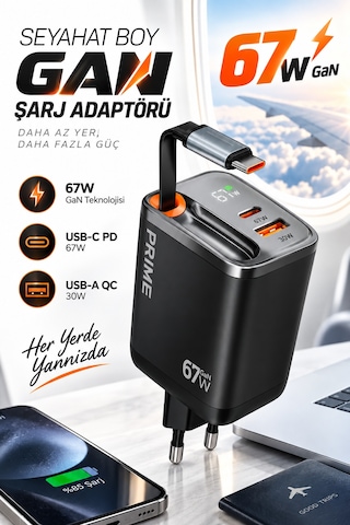 Fulltech Fc57 67w Gan Hızlı Şarj Adaptörü Dahili Geri Çekilebilir Usb-c Kablo, Usb-c + Usb-a, Lcd