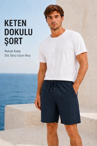 Masion Rae Erkek %100 Lacivert Keten Şort, Bağcıklı Bel, 3 Cepli, Rahat Kesim, Geniş Paça, Günlük Yazlık Şort