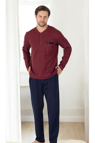 Erse Battal-büyük Beden Petek Örme Uzun Kol Pamuklu Erkek Pijama Takımı Bordo - Lacivert