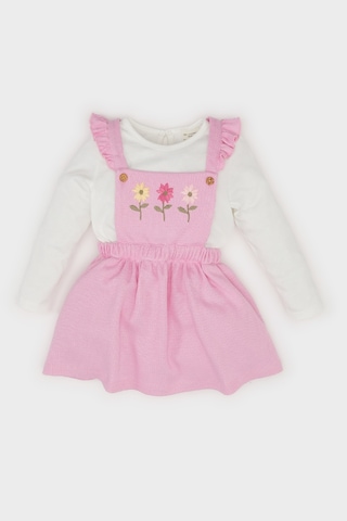 DeFacto Kız Bebek 2'li Takım Bisiklet Yaka Uzun Kollu Üst Askılı Salopet Elbise D9326A525SPPN444 Pembe