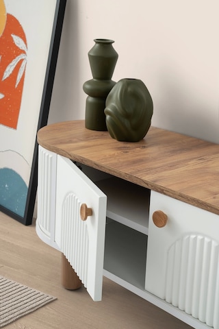 Tv Sehpası 4 Kapaklı Beyaz-meşe 180cm Kurulu Gönderilir Beyaz